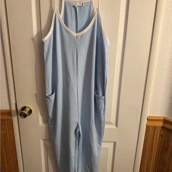 Sincerely Jules Light Blue Knit Jumpsuit with White Neckline - Picture 1 of 4